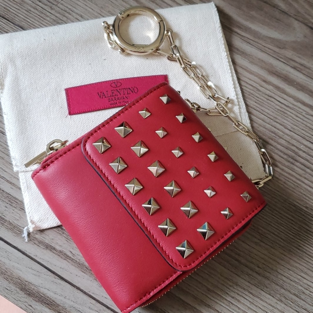 Valentino Rockstud Leather Wallet Keyring Clutch